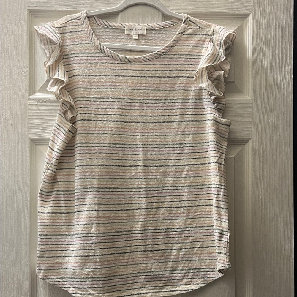 Kim & Cami Multicolor Striped Ruffle Sleeve Top